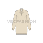 Womens long sweatshirt with open collar flat sketch, front view