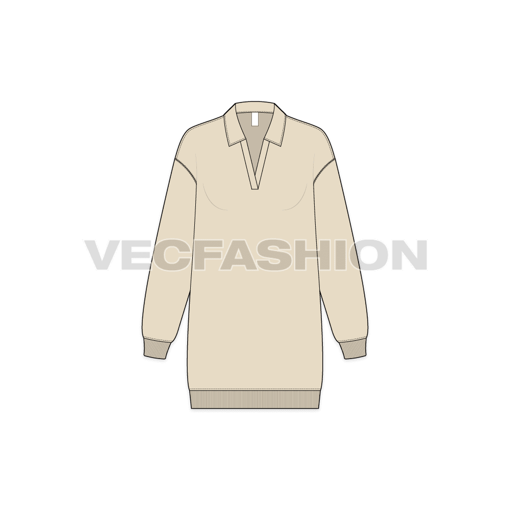 Womens long sweatshirt with open collar flat sketch, front view