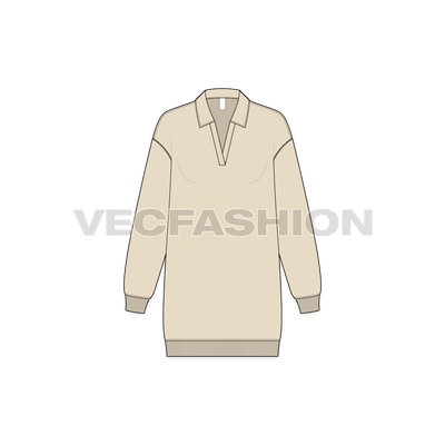 A vector illustrator sketch template of Women's Long Sweatshirt with Open Collar. It is illustrated with Front, Side and Back view. It is a front open hoodie and have ribbed cuffs on sleeves and bottom hem.