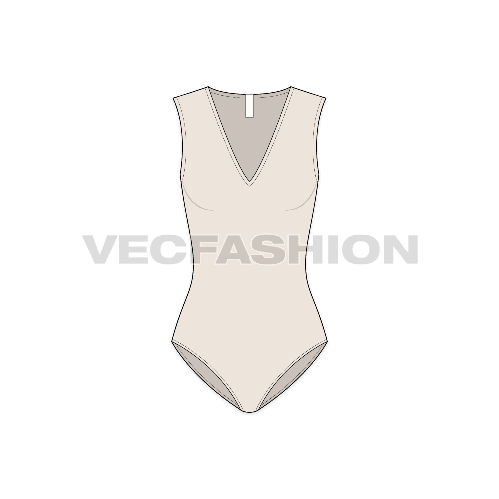 Womens long v-neckline swimsuit flat sketch, front view