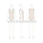 Womens long v-neckline swimsuit flat sketch, croqui sketch