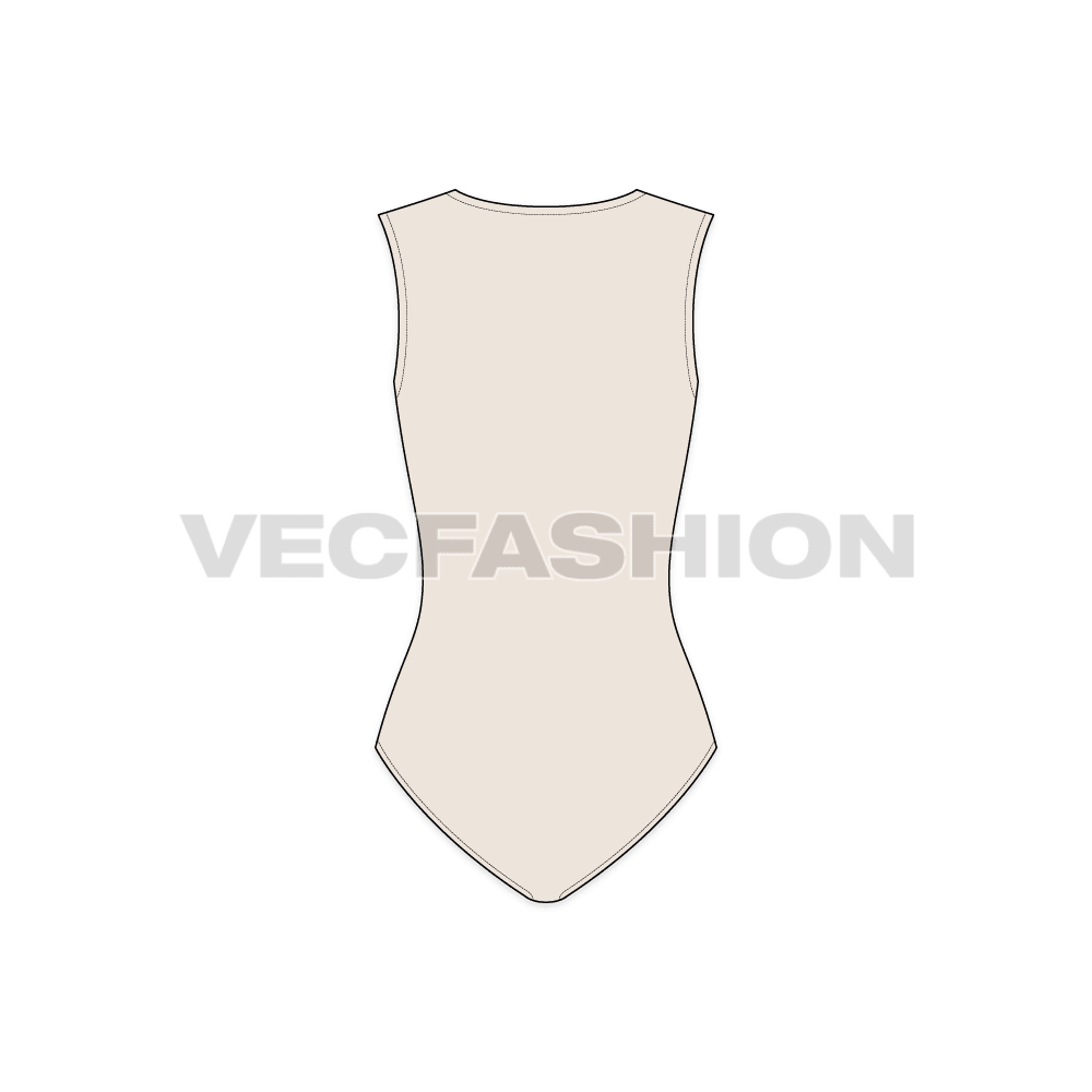 Womens long v-neckline swimsuit flat sketch, back view