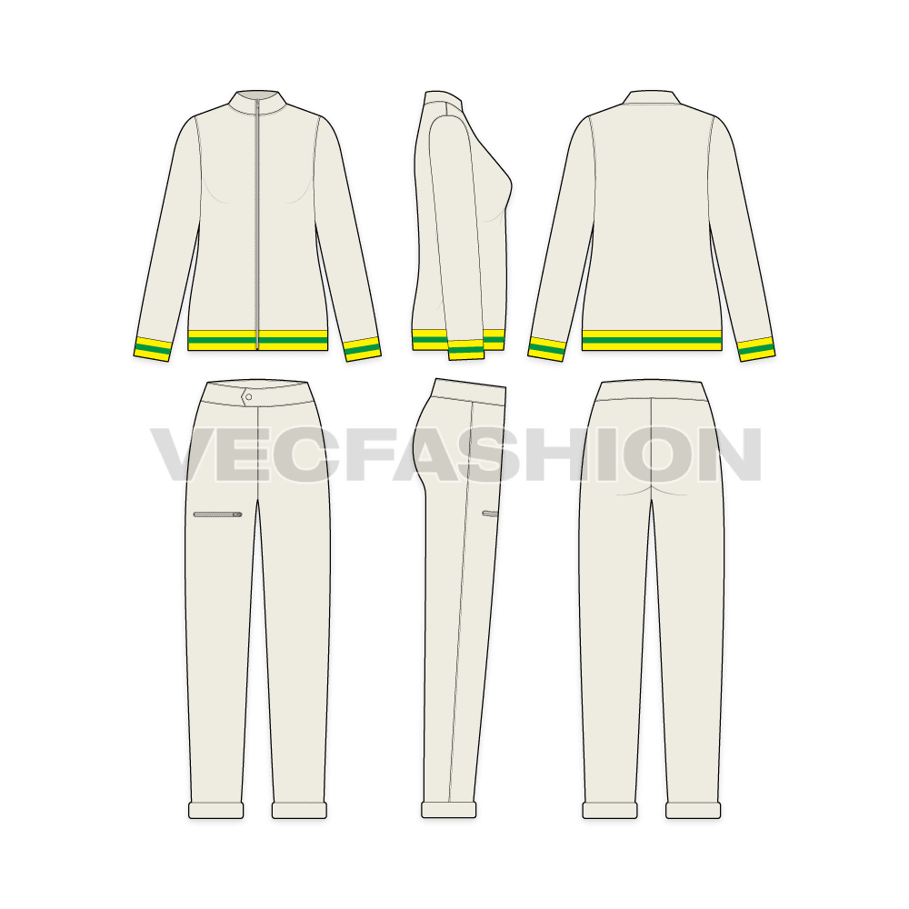 Womens lose fit jump suit flat sketch, showing all views, front, side and back