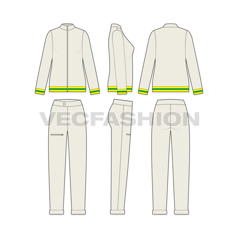 An editable vector template for Women's Lose Fit Jump Suit. It has a font open zip-up jacket with contrast colored rib at the bottom hem of jacket.