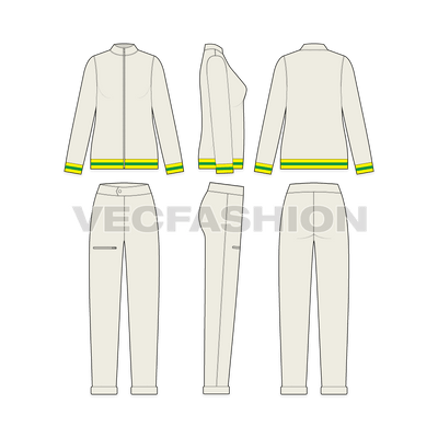 Womens lose fit jump suit flat sketch, showing all views, front, side and back