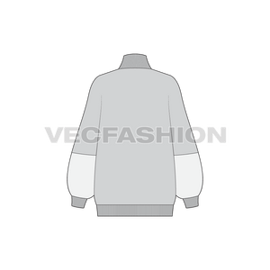A vector template for Women's Lose Fit Sweater in gray fabric. It has large rib at neck and inspired by latest fashion trends. Sleeves has a cut n sew panel showing a lighter version of same fabric. 