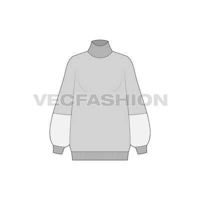 A vector template for Women's Lose Fit Sweater in gray fabric. It has large rib at neck and inspired by latest fashion trends. Sleeves has a cut n sew panel showing a lighter version of same fabric. 