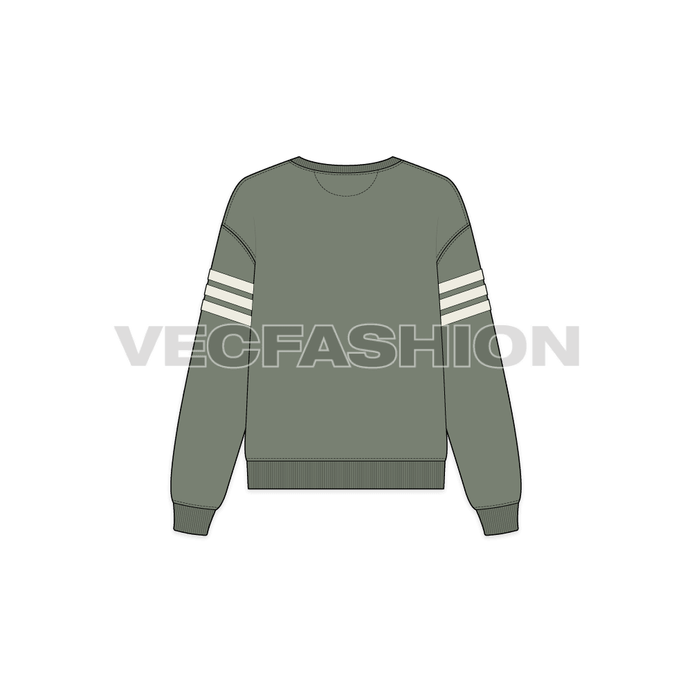 Womens lose fit sweatshirt, quote graphic flat sketch, back view