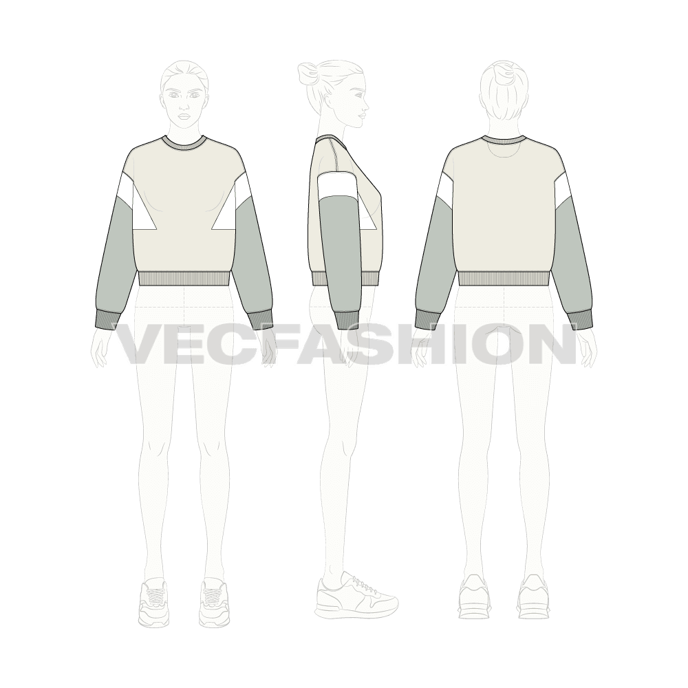 Womens lose fit sweatshirt, panel flat sketch, croqui sketch