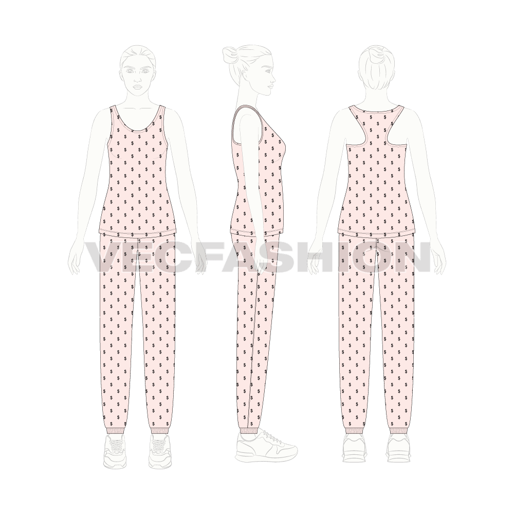 Womens lounge wear pajama set flat sketch, on croqui