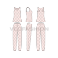 Womens lounge wear pajama set flat sketch, showing all views, front, side and back