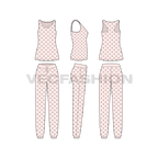 Womens lounge wear pajama set flat sketch, showing all views, front, side and back