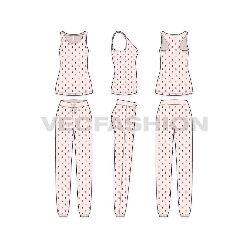 A vector template sketch for Women's Lounge Wear Pajama Set. It has a deep neck on front and a racer back shape on the back. The top length comes around the hip line and have an all over repeat print. The pajamas has a slim comfortable fit with cute tie knots on the waistband. 