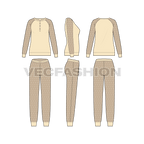 Womens lounge wear sweat suit flat sketch, showing all views, front, side and back