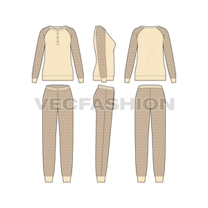 A vector fashion template sketch for Women's Lounge Wear Sweat Suit. It has henley neck top with contrast colored sleeves with all over star print. 