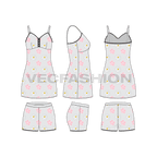 Womens loungewear set, floral flat sketch, showing all views, front, side and back