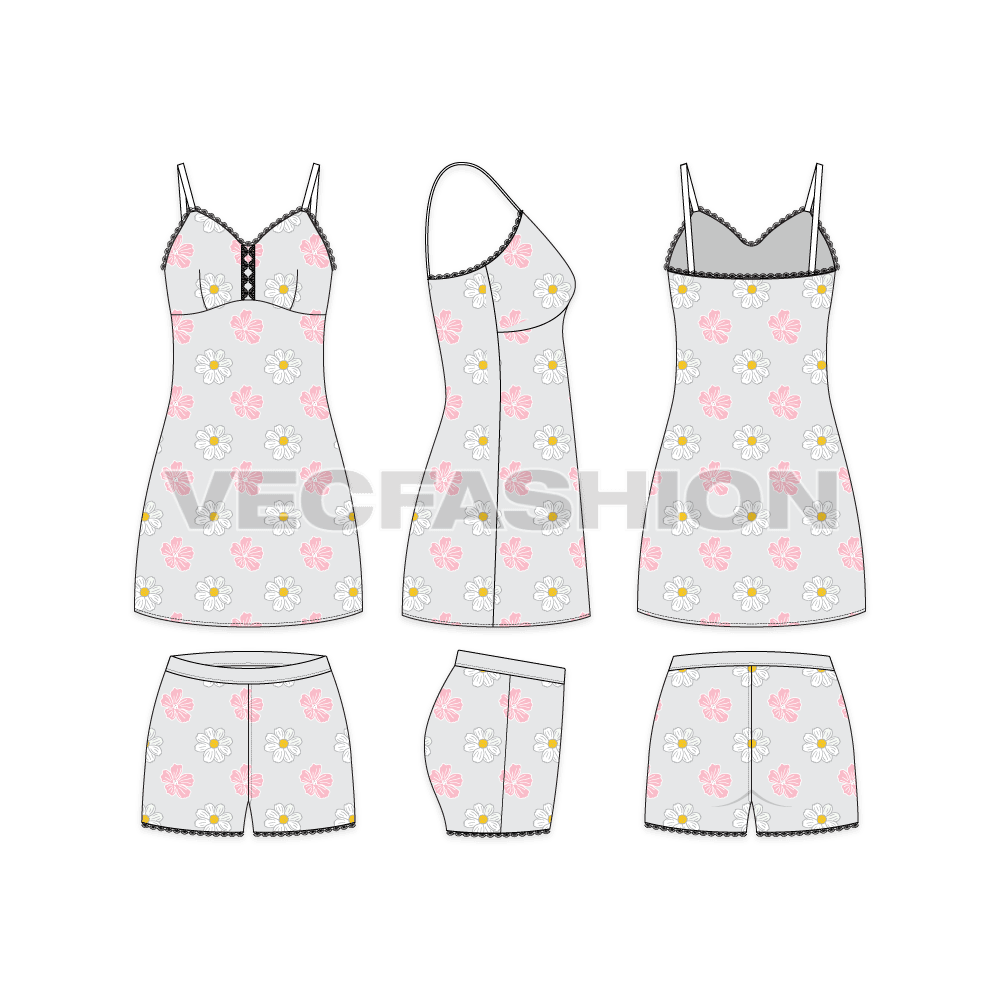 A vector template sketch for Women's Loungewear Set. It is a very special style with floral print all over the body. The top has a lace around the top edge with spaghetti straps. 