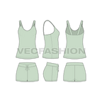 Womens loungewear set, tank top flat sketch, showing all views, front, side and back