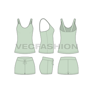 A vector fashion template sketch for Women's Loungewear Set. It has a tank with stylized straps on shoulder with all over printed pajama shorts. 