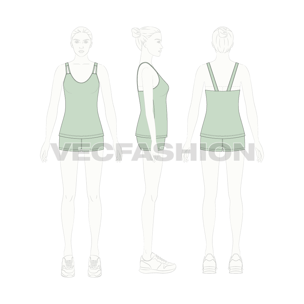 Womens loungewear set, tank top flat sketch, on croqui