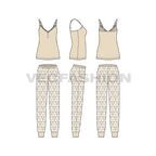 Womens loungewear suit flat sketch, showing all views, front, side and back
