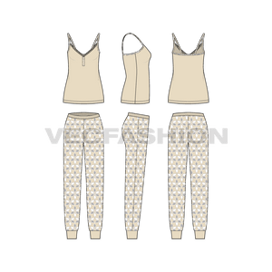 A vector template sketch for Women's Loungewear Suit. It has a big v neck Spaghetti Top with all over printed pajama. Pajama have elasticated waistband with ribbed cuffs at the bottom. 