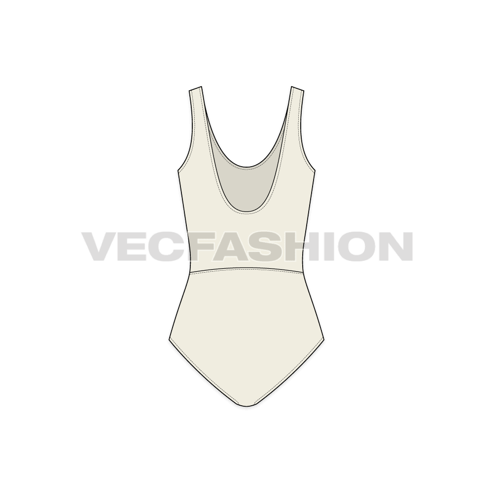 Womens low-back swimsuit flat sketch, back view