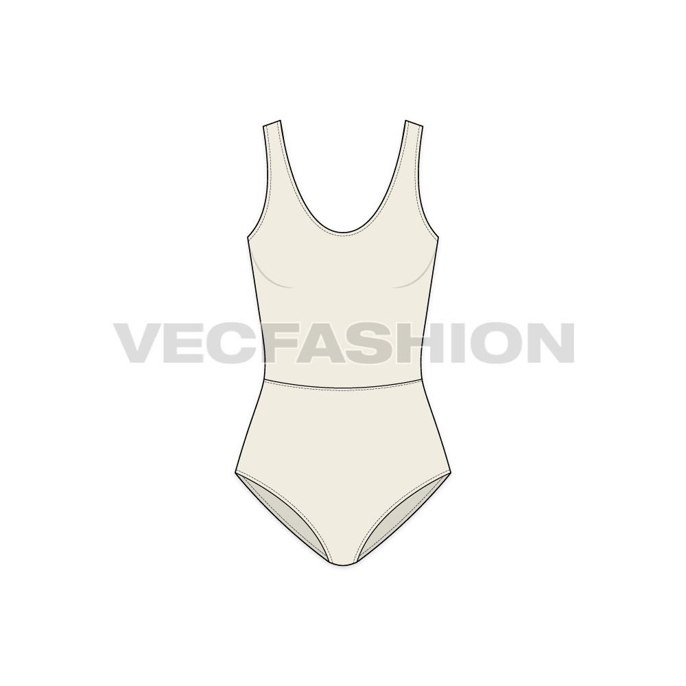 Womens low-back swimsuit flat sketch, front view