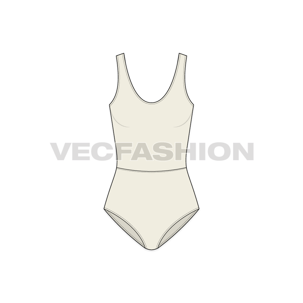 A vector template for Women's Low-back Swimsuit, it has a cutline on waist and have a scoop neckline at the back.