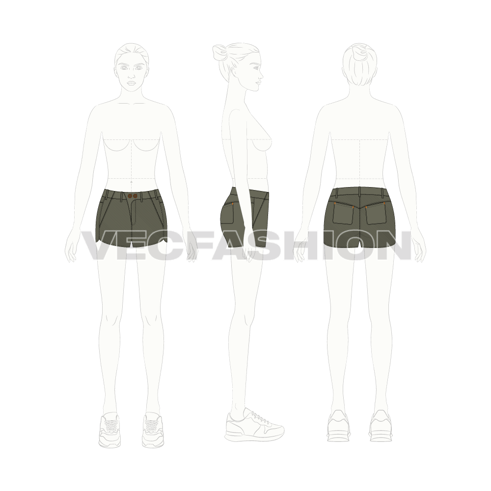 Womens low rise cotton shorts flat sketch, croqui sketch