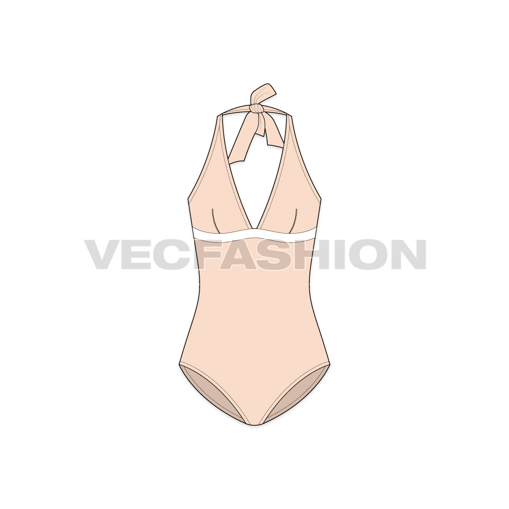 Womens luxury swim suit flat sketch, front view