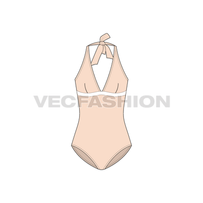 A vector template for Women's Swim Suit. It is made out of spandex material with deep v shape neckline encloses at the back neck with knot.