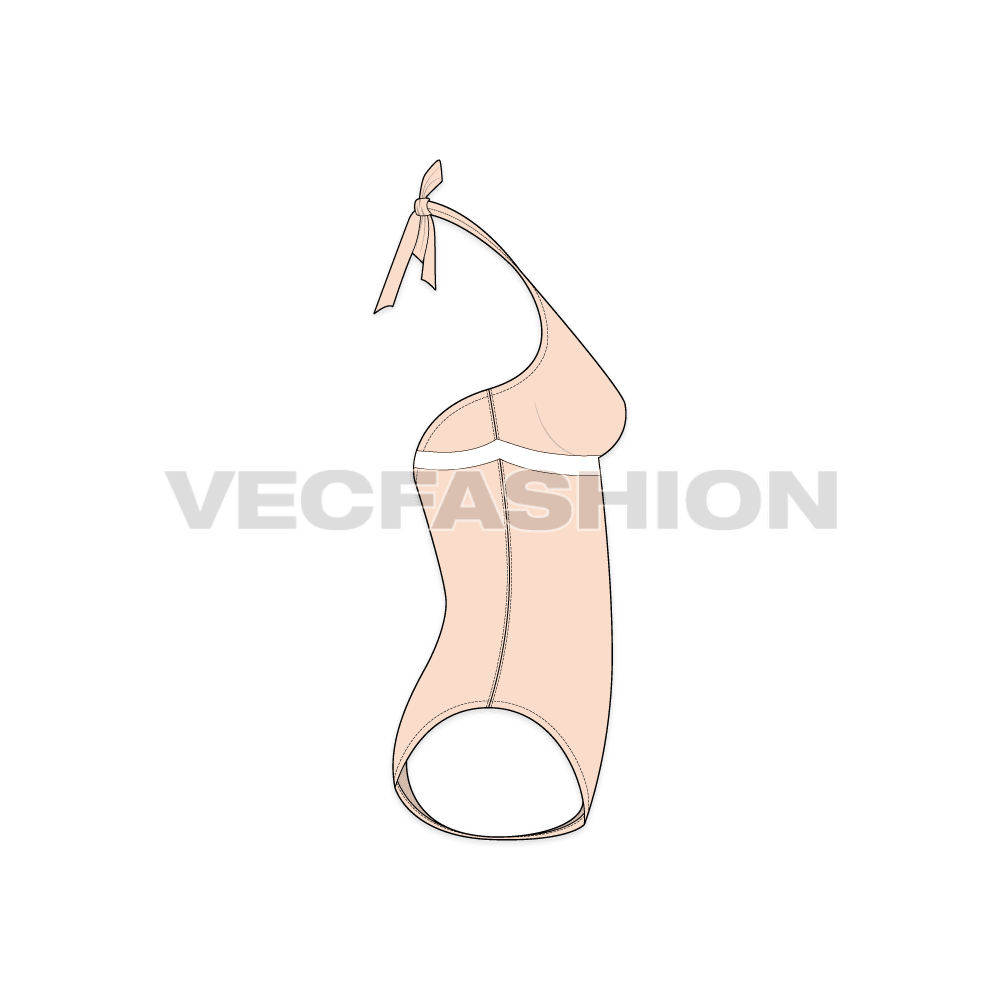 Womens luxury swim suit flat sketch, side view