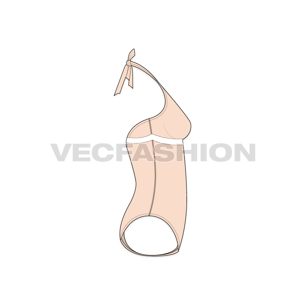 A vector template for Women's Swim Suit. It is made out of spandex material with deep v shape neckline encloses at the back neck with knot.
