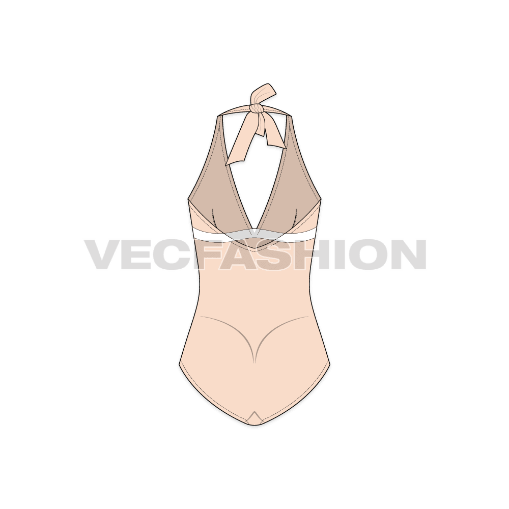 Womens luxury swim suit flat sketch, back view