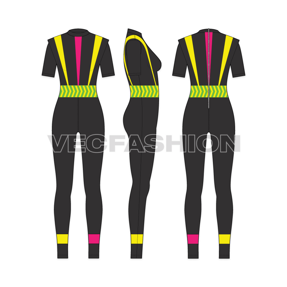 Womens luxury swimsuit flat sketch, showing all views, front, side and back
