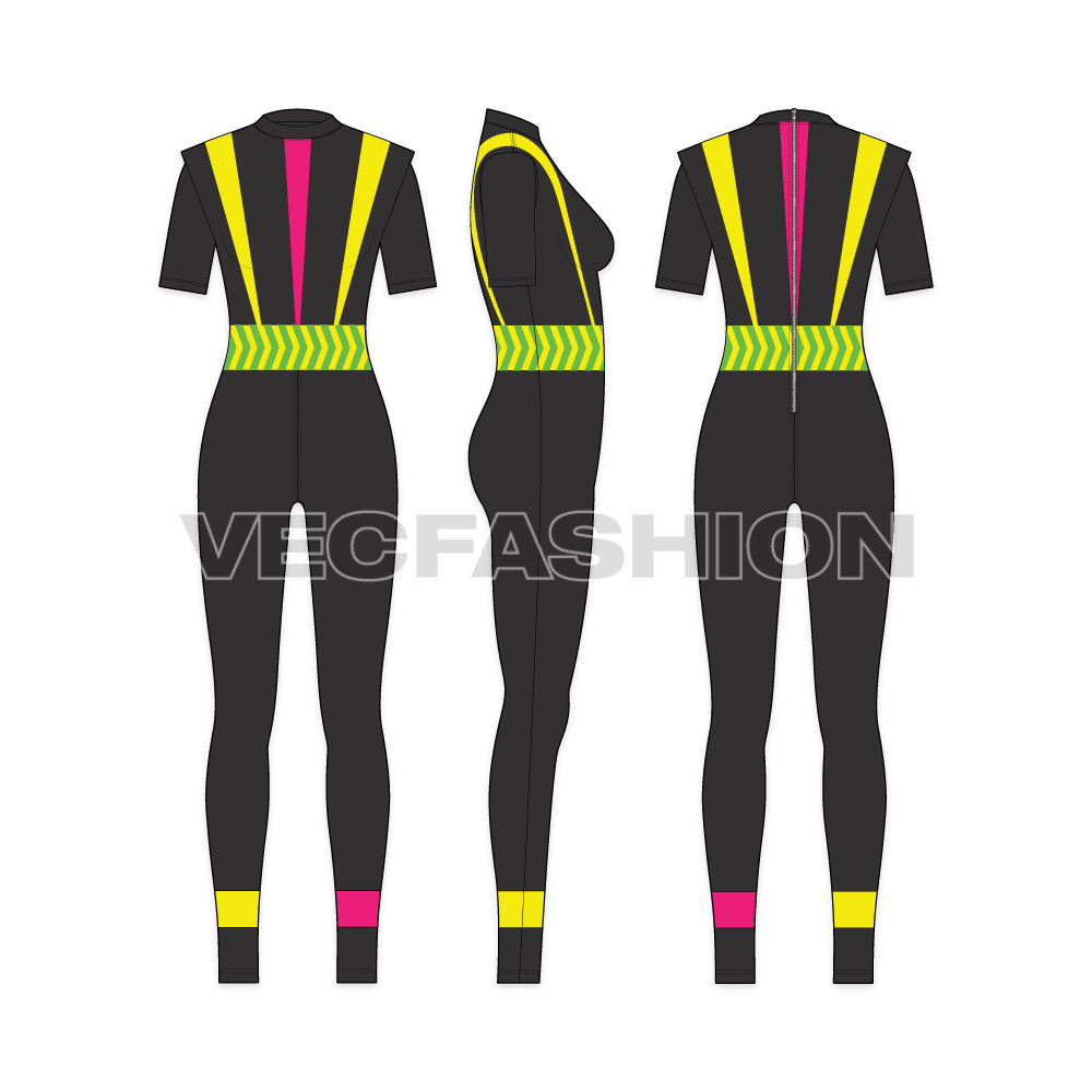 A vector template of Women's Luxury Swimsuit. It has a double layered bodice making an extended shoulder with short sleeves. There are striking neon colored panels on the bodice and on lower leg giving it a very luxury and high-end feel.
