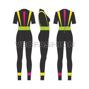 A vector template of Women's Luxury Swimsuit. It has a double layered bodice making an extended shoulder with short sleeves. There are striking neon colored panels on the bodice and on lower leg giving it a very luxury and high-end feel.