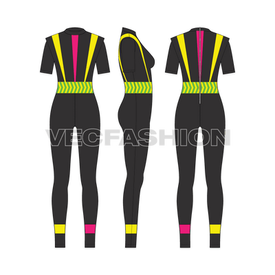 A vector template of Women's Luxury Swimsuit. It has a double layered bodice making an extended shoulder with short sleeves. There are striking neon colored panels on the bodice and on lower leg giving it a very luxury and high-end feel.