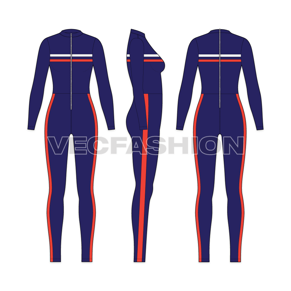 Womens lycra bodysuit flat sketch, showing all views, front, side and back