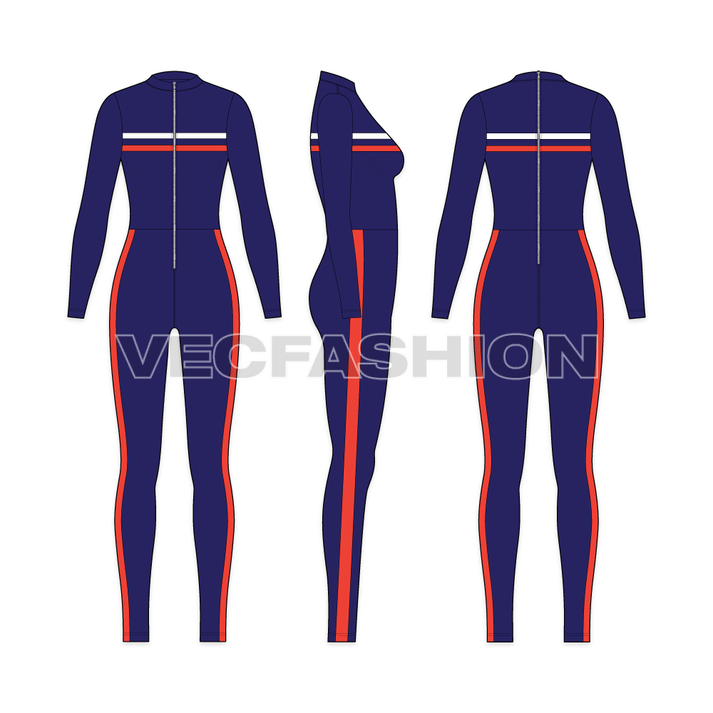 A vector template of Women's Lycra Bodysuit. It is a full suit with zipper opening on front, it has contrast colored stripes on side legs and chest to give it a sporty look. 