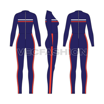 A vector template of Women's Lycra Bodysuit. It is a full suit with zipper opening on front, it has contrast colored stripes on side legs and chest to give it a sporty look. 