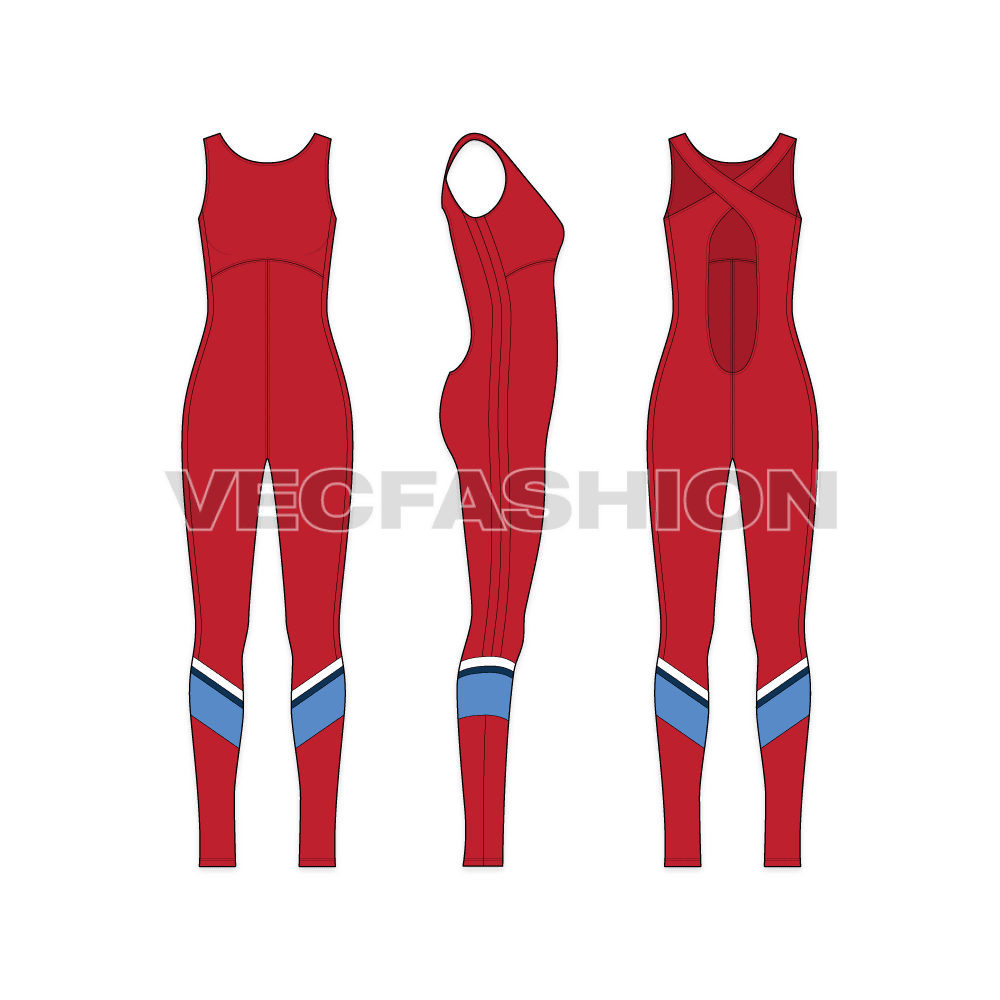 Womens lycra fully body gym suit flat sketch, showing all views, front, side and back
