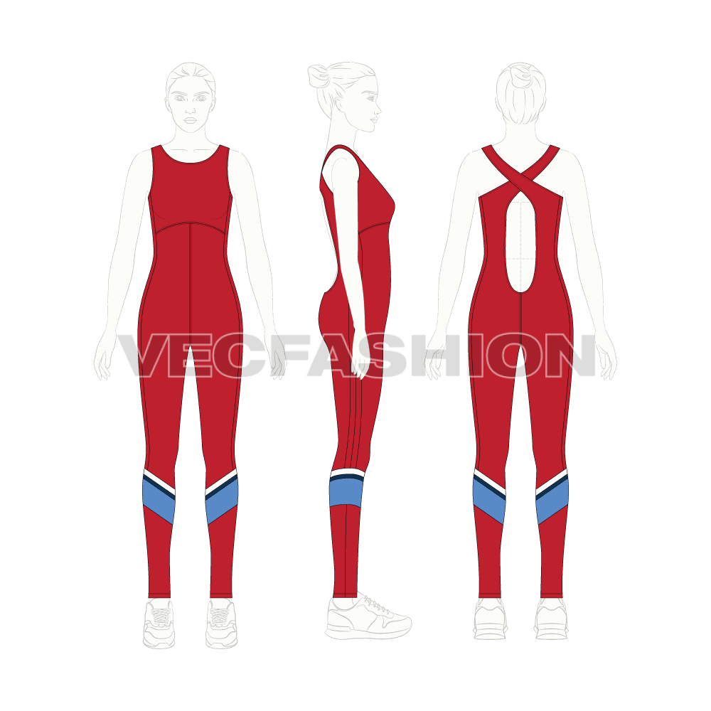 Womens lycra fully body gym suit flat sketch, on croqui