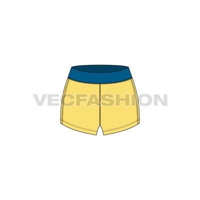 A vector illustrator fashion cad for Women's Lycra Gym Shorts. It has sublimated waist band with writing on it and has micro length legs.   