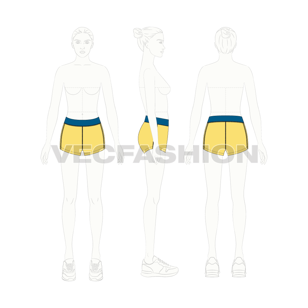 Womens lycra gym shorts flat sketch, croqui sketch