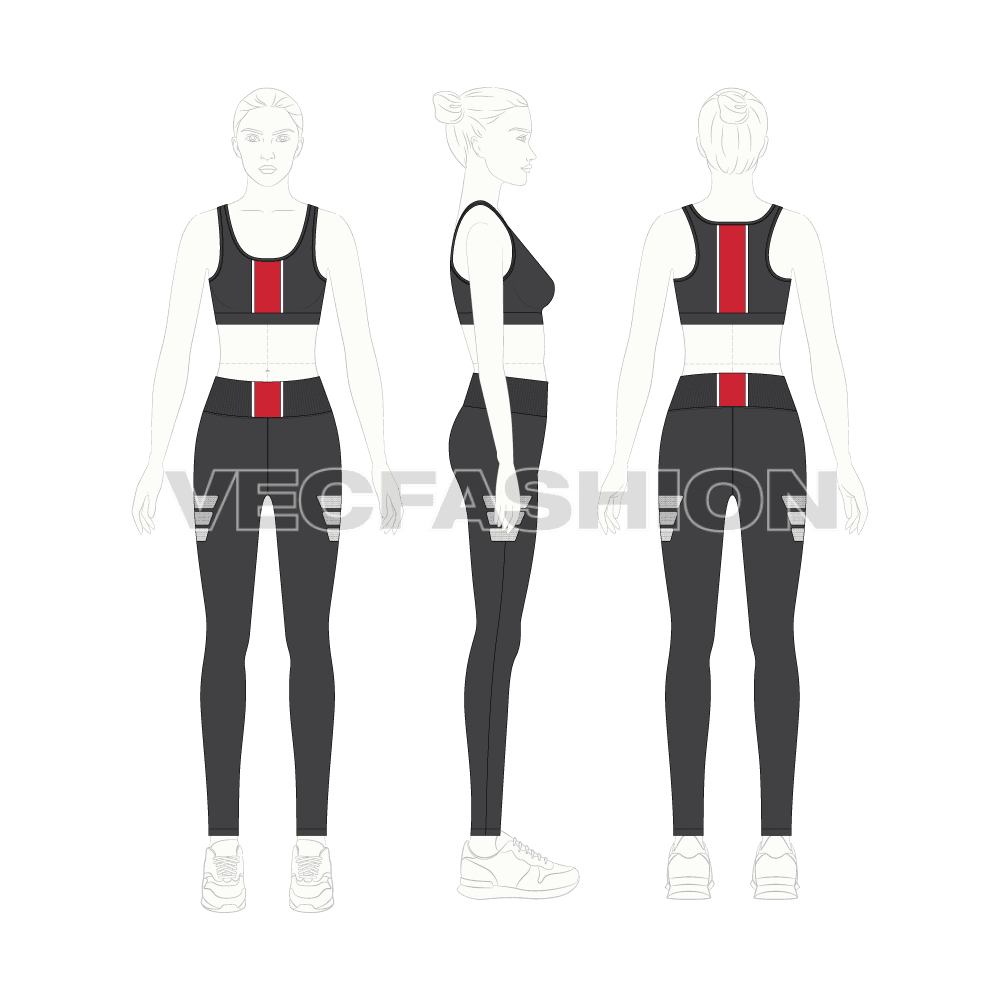 Womens lycra gym suit, mesh panel flat sketch, on croqui