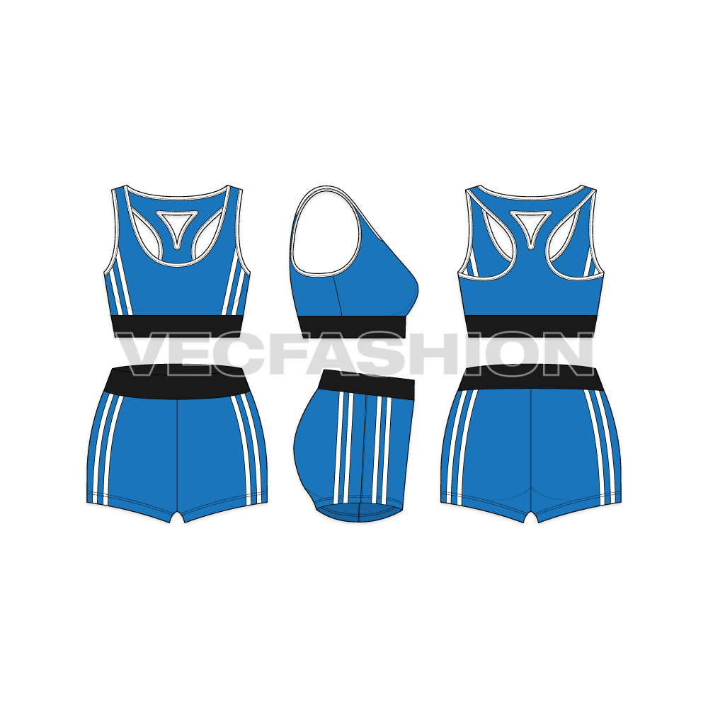 Womens lycra gym suit, belt detail flat sketch, showing all views, front, side and back