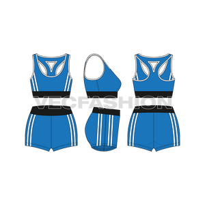 A vector template for Women's Lycra Gym Suit. It has Sports Bra and Sport Shorts. It has contrast binding and belt at bottom and waistband. 