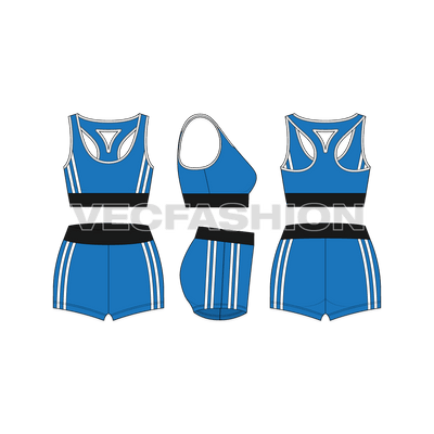 A vector template for Women's Lycra Gym Suit. It has Sports Bra and Sport Shorts. It has contrast binding and belt at bottom and waistband. 